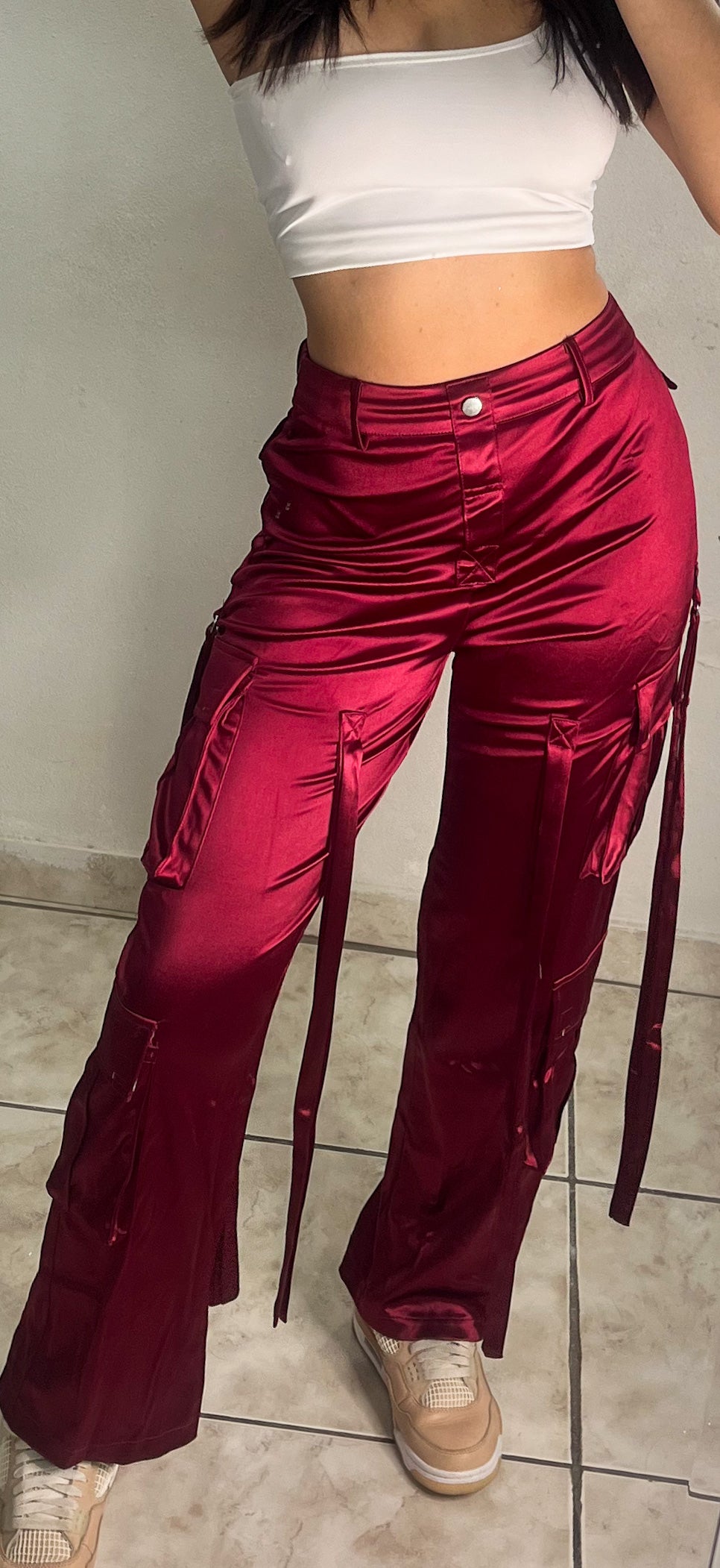 Wine Satin Cargo Pant