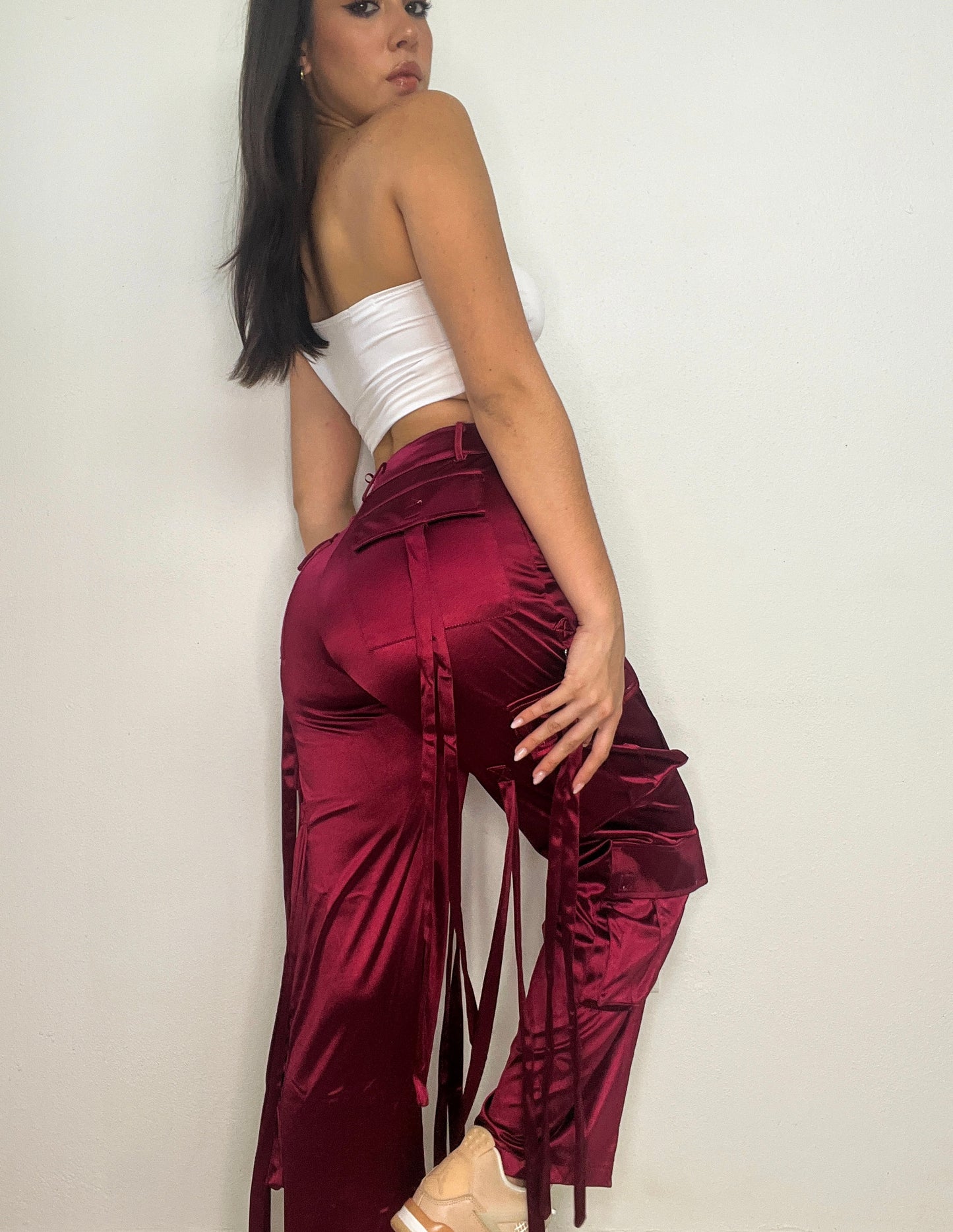 Wine Satin Cargo Pant