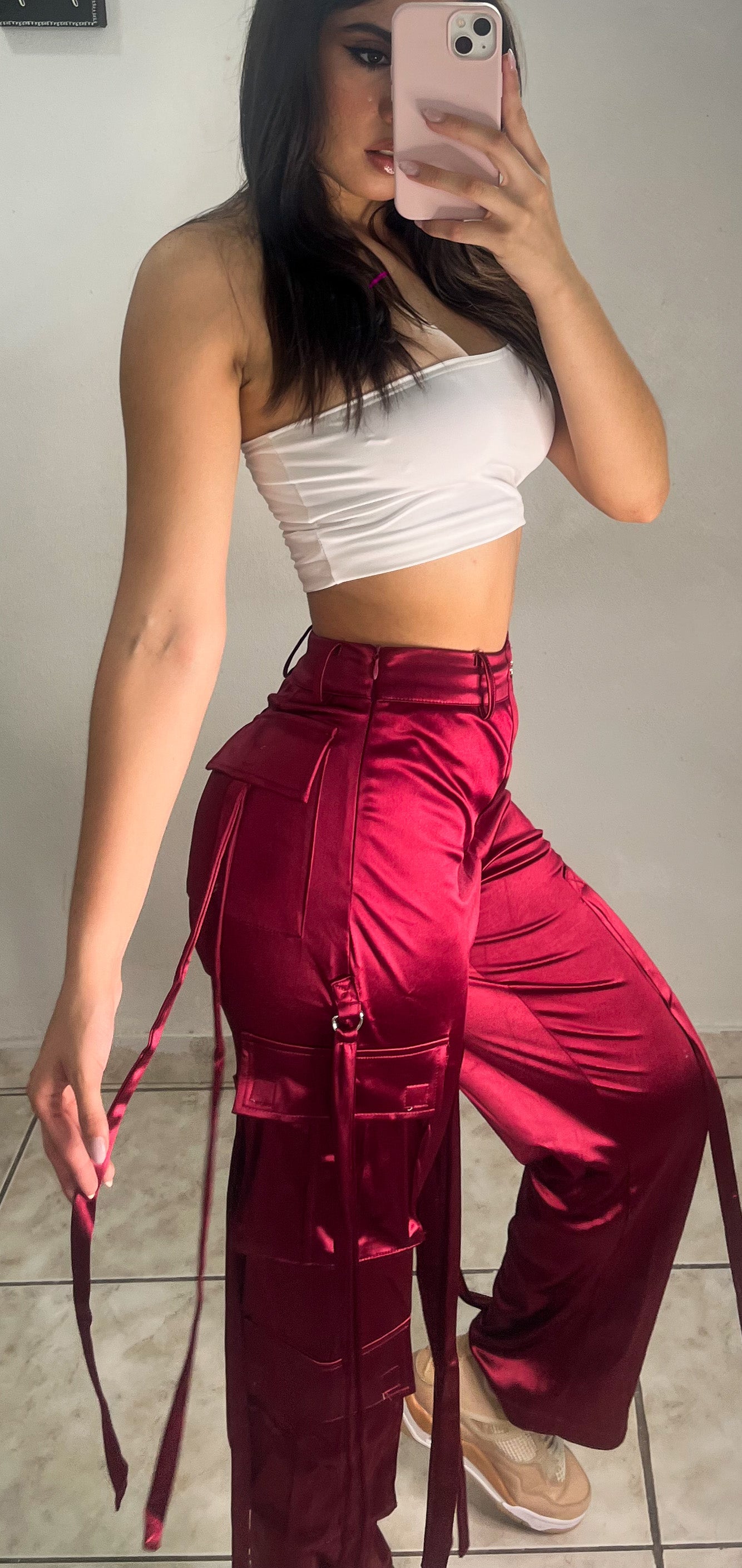 Wine Satin Cargo Pant