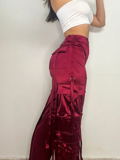 Wine Satin Cargo Pant