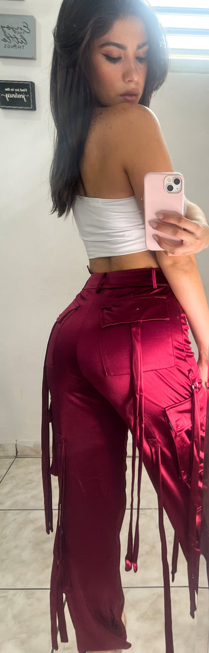 Wine Satin Cargo Pant