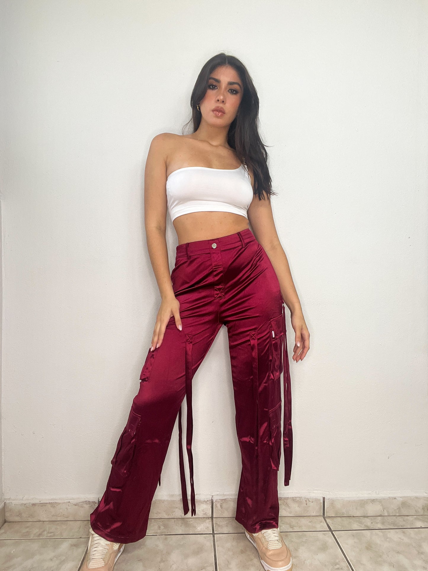 Wine Satin Cargo Pant