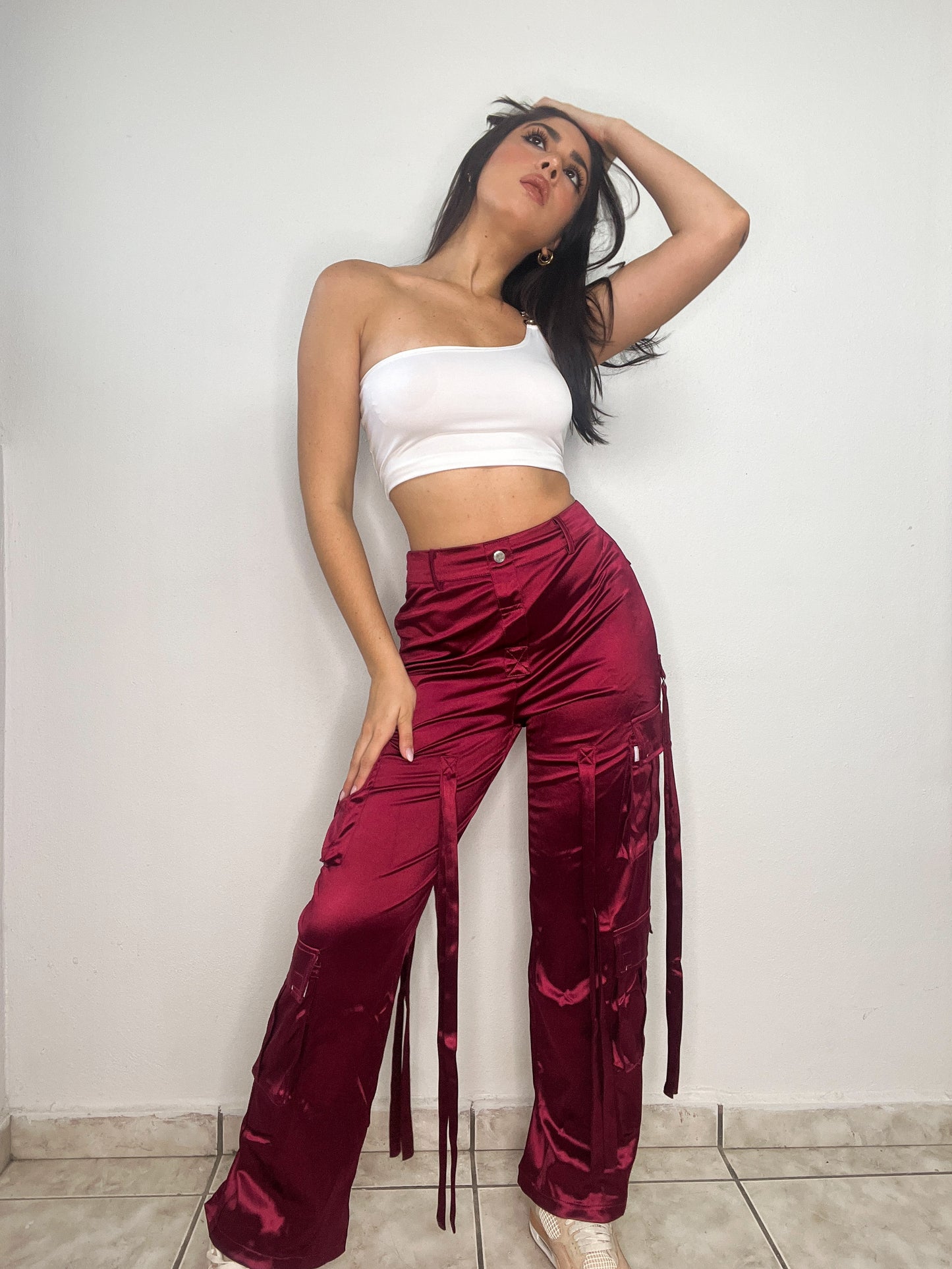 Wine Satin Cargo Pant