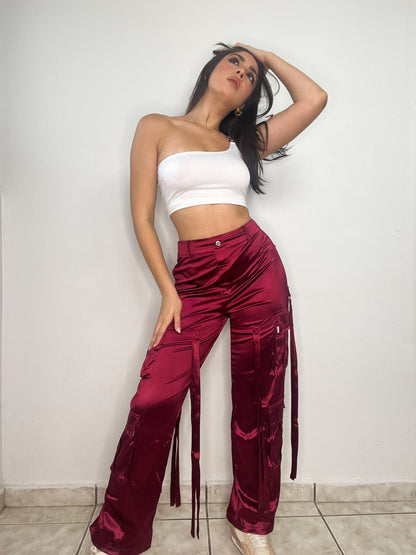 Wine Satin Cargo Pant