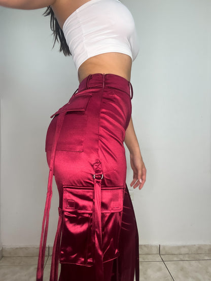 Wine Satin Cargo Pant